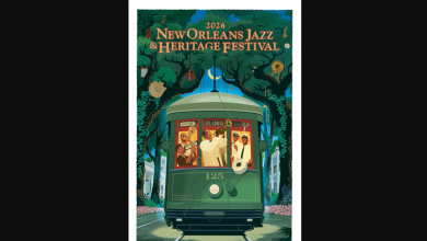 The 2026 Jazz Fest poster design takes a night ride in an Uptown New Orleans streetcar