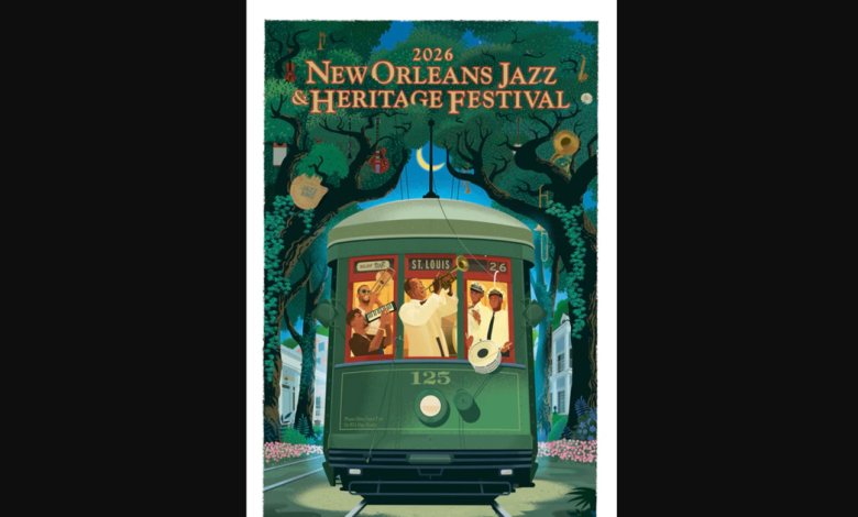The 2026 Jazz Fest poster design takes a night ride in an Uptown New Orleans streetcar