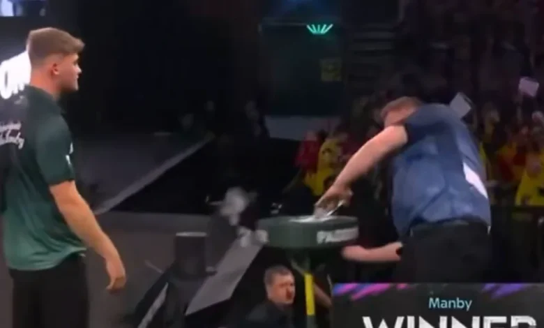 (VIDEO) Cameron Menzies explodes with rage punching drinks table in Ally Pally meltdown after Charlie Manby seals dream debut win