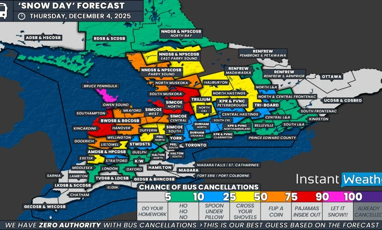 ‘Snow Day’ Forecast: Snow Squalls Threaten Widespread School Bus Cancellations in Southern Ontario’s Snowbelt on Thursday